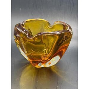 MCM Czech Amber on Clear Art Glass Bowl/Lg. Cigar Ashtray Uv reactive 365nm